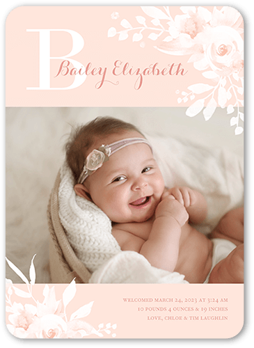 Rustic Monogram Birth Announcement, Pink, 5x7 Flat, Standard Smooth Cardstock, Rounded