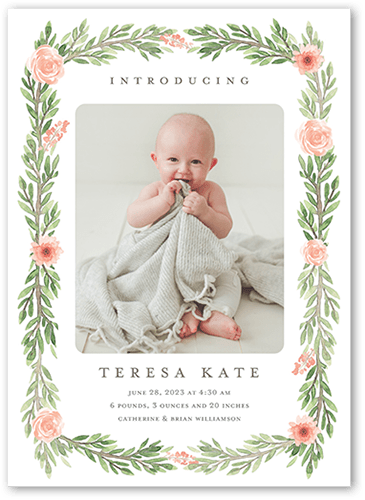 Floral Garland Birth Announcement, Orange, 5x7 Flat, Matte, Signature Smooth Cardstock, Square