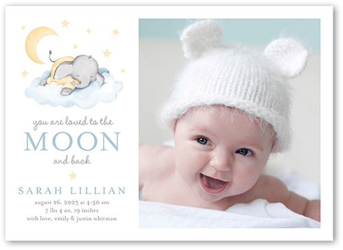 Elephant Slumber Birth Announcement, Blue, 5x7 Flat, Matte, Signature Smooth Cardstock, Square, Celeste