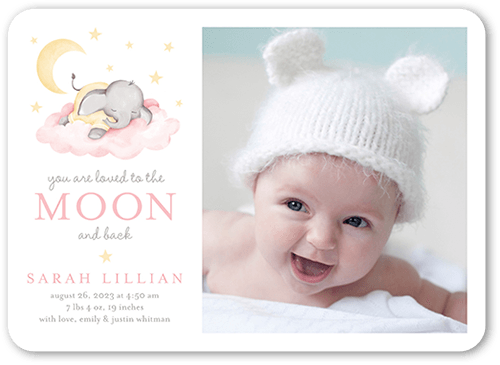 Elephant Slumber Birth Announcement, Pink, 5x7 Flat, 100% Recycled Cardstock , Rounded