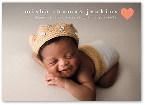 Bright Heart Birth Announcement, White, none, 5x7 Flat, Pearl Shimmer Cardstock, Square