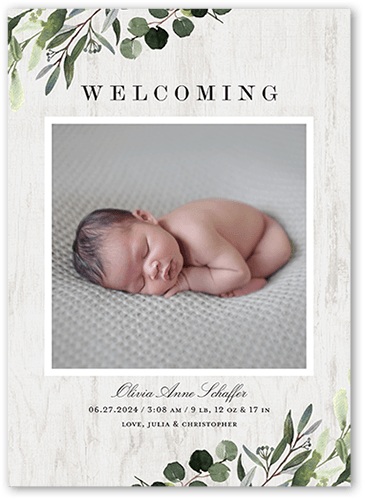 Soft Greenery Birth Announcement, Gray, 5x7 Flat, Standard Smooth Cardstock, Square
