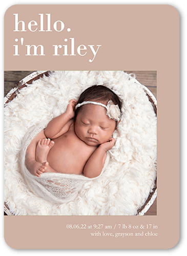 Hello I Am Birth Announcement, Brown, none, 5x7 Flat, Standard Smooth Cardstock, Rounded, Alpaca