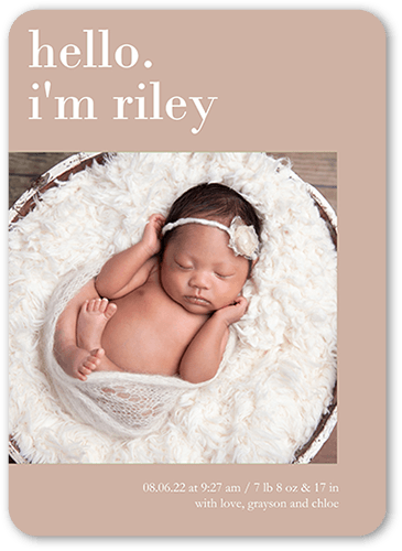 Hello I Am Birth Announcement, Brown, none, 5x7 Flat, Matte, Signature Smooth Cardstock, Rounded