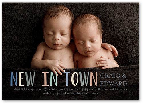 New In Town Birth Announcement, Blue, 5x7 Flat, Luxe Double-Thick Cardstock, Square
