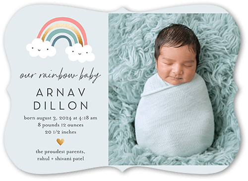 Rainbow Baby Birth Announcement, Grey, 5x7 Flat, Pearl Shimmer Cardstock, Bracket