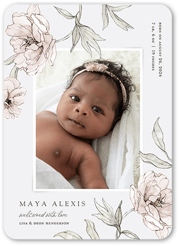 Drawn Botanicals Birth Announcement, Grey, 5x7 Flat, 100% Recycled Cardstock , Rounded