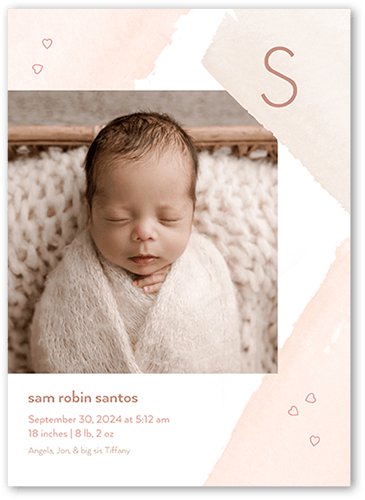 Brush Strokes Birth Announcement, Beige, 5x7 Flat, Luxe Double-Thick Cardstock, Square