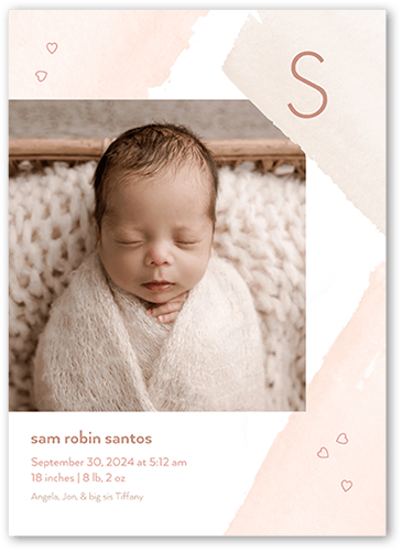 Brush Strokes Birth Announcement, Beige, 5x7 Flat, 100% Recycled Cardstock , Square, Pearl