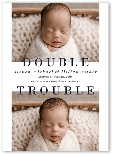 Double Trouble Birth Announcement, White, 5x7 Flat, Luxe Double-Thick Cardstock, Square