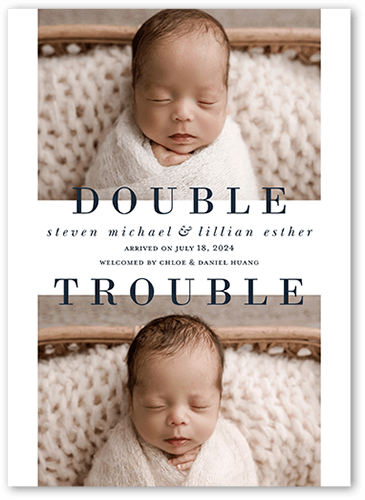 Double Trouble Birth Announcement, White, 5x7 Flat, Standard Smooth Cardstock, Square, White
