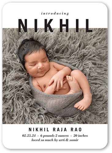 Bold Introduction Birth Announcement, White, 5x7 Flat, Standard Smooth Cardstock, Rounded