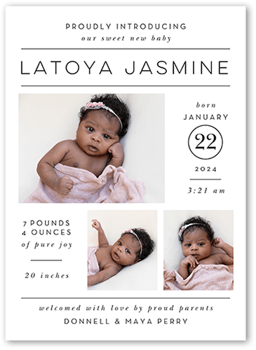 Proud Introduction Birth Announcement, White, 5x7 Flat, 100% Recycled Cardstock , Square, White