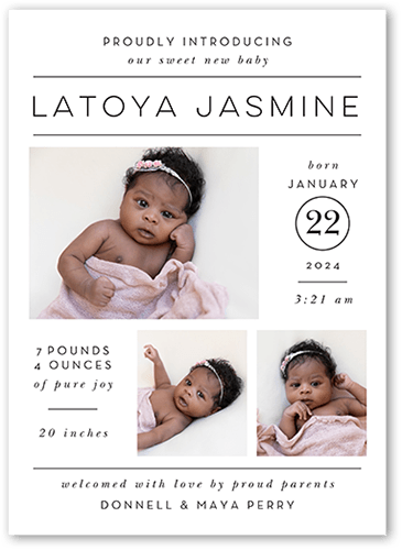 Proud Introduction Birth Announcement, White, 5x7 Flat, Pearl Shimmer Cardstock, Square