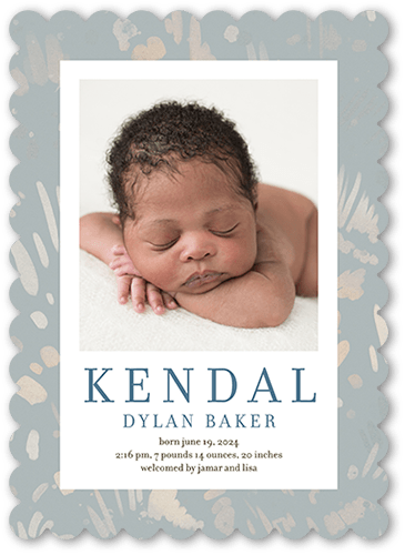 Painted Pattern Birth Announcement, Grey, 5x7, Pearl Shimmer Cardstock, Scallop