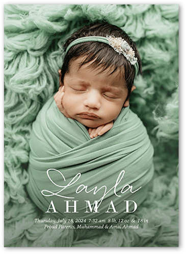 Quintessential Script Birth Announcement, White, 5x7 Flat, 100% Recycled Cardstock , Square