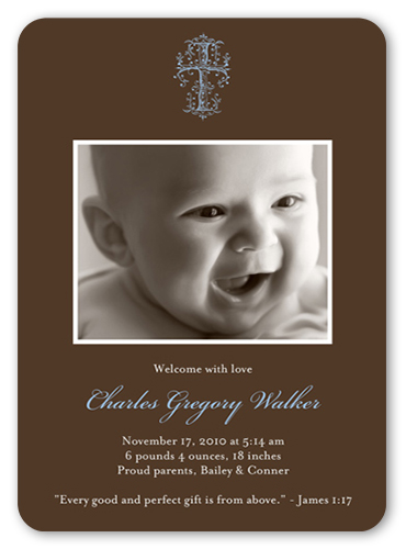 Blessed Cross Blue Birth Announcement, Brown, Pearl Shimmer Cardstock, Rounded