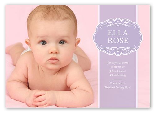 Lavender Ribbon Birth Announcement, Purple, Pearl Shimmer Cardstock, Square