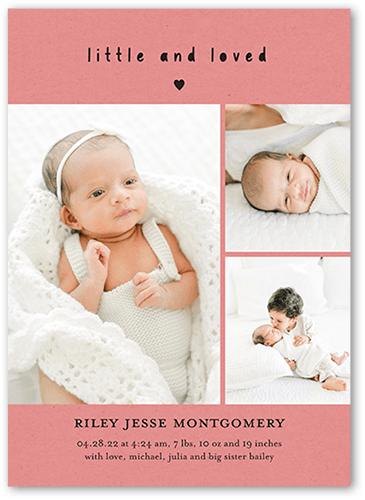 Little and Loved Birth Announcement, Pink, 5x7 Flat, Luxe Double-Thick Cardstock, Square