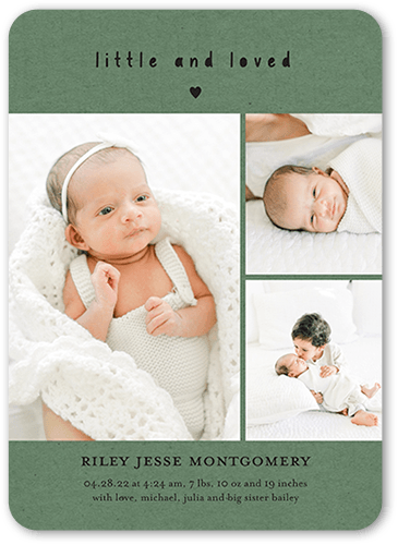 Little and Loved Birth Announcement, Green, 5x7 Flat, Standard Smooth Cardstock, Rounded