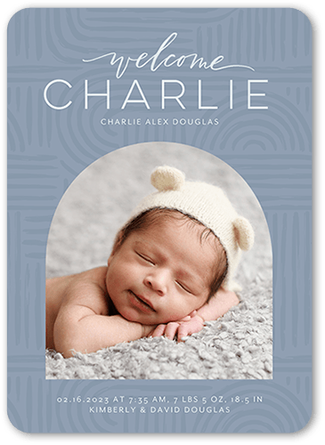 Patterned Arch Birth Announcement, Blue, 5x7 Flat, Pearl Shimmer Cardstock, Rounded, Blue