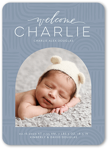 Patterned Arch Birth Announcement, Blue, 5x7 Flat, 100% Recycled Cardstock ?, Rounded