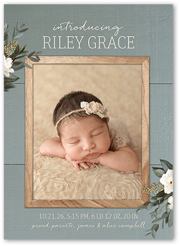 Framed Rustic Birth Announcement, Green, 5x7 Flat, Luxe Double-Thick Cardstock, Square