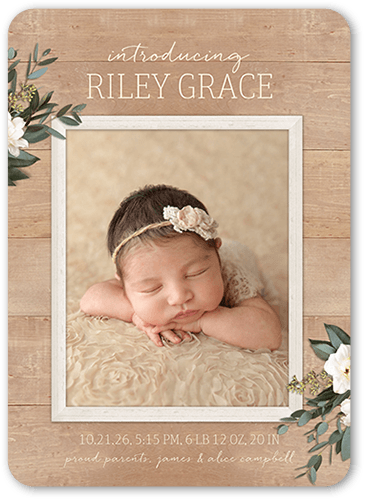 Framed Rustic Birth Announcement, Beige, 5x7 Flat, Pearl Shimmer Cardstock, Rounded