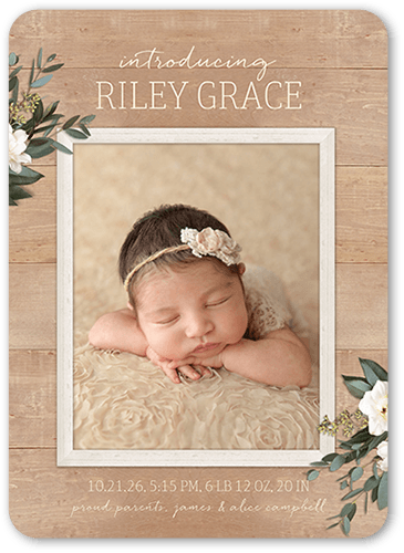 Framed Rustic Birth Announcement, Beige, 5x7 Flat, Standard Smooth Cardstock, Rounded