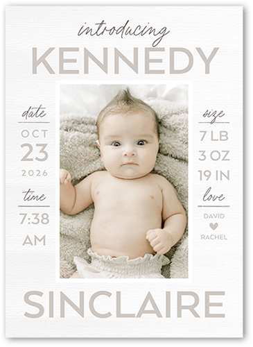 Stacked Stats Birth Announcement, White, 5x7 Flat, Pearl Shimmer Cardstock, Square