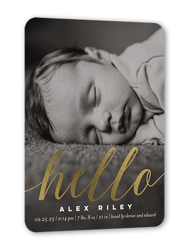 Glowing Greeting Birth Announcement, Gold Foil, White, 5x7 Flat, Pearl Shimmer Cardstock, Rounded
