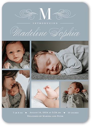Elegant Character Birth Announcement, Grey, 5x7 Flat, Matte, Signature Smooth Cardstock, Rounded