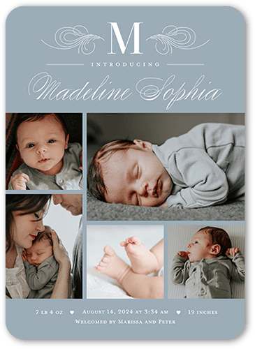 Elegant Character Birth Announcement, Grey, 5x7 Flat, Standard Smooth Cardstock, Rounded