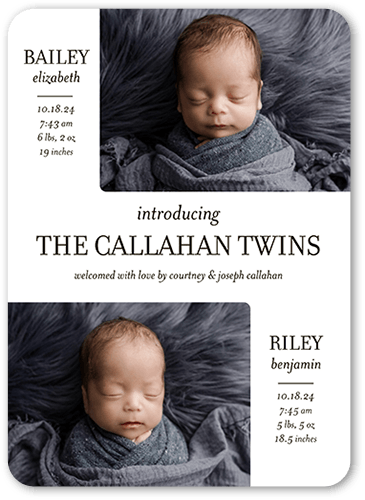 The Twins Birth Announcement, White, 5x7 Flat, Pearl Shimmer Cardstock, Rounded