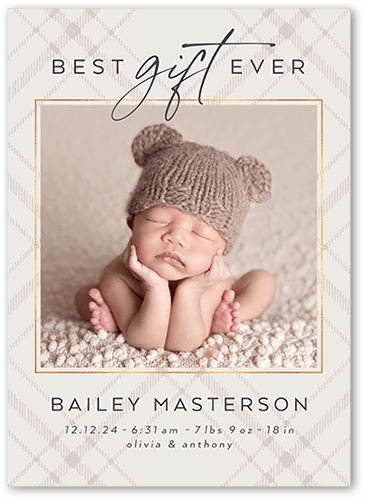 Unequaled Gift Birth Announcement, Grey, 5x7 Flat, Pearl Shimmer Cardstock, Square