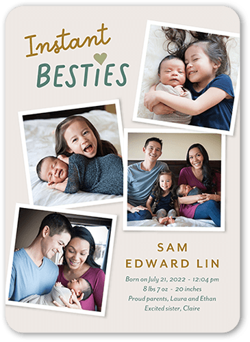 Instant Besties Birth Announcement, Grey, 5x7 Flat, Pearl Shimmer Cardstock, Rounded