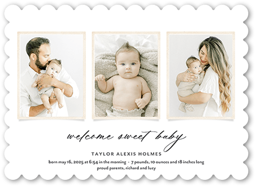 Loving Exhibit Birth Announcement, White, 5x7 Flat, Pearl Shimmer Cardstock, Scallop