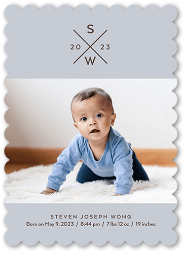 Cross Monogram Birth Announcement, Blue, 5x7 Flat, Write Your Own Greeting, Pearl Shimmer Cardstock, Scallop