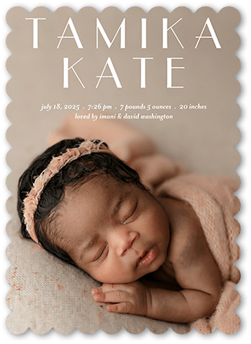 Graceful Name Birth Announcement, White, 5x7 Flat, Pearl Shimmer Cardstock, Scallop