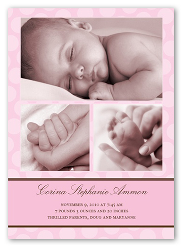 Just Dotty Pink Birth Announcement, Pink, 100% Recycled Cardstock , Square