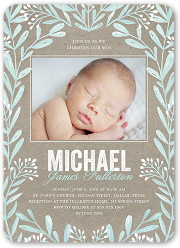 Rustic Frame Boy Baptism Invitation, Blue, Pearl Shimmer Cardstock, Rounded, Rain