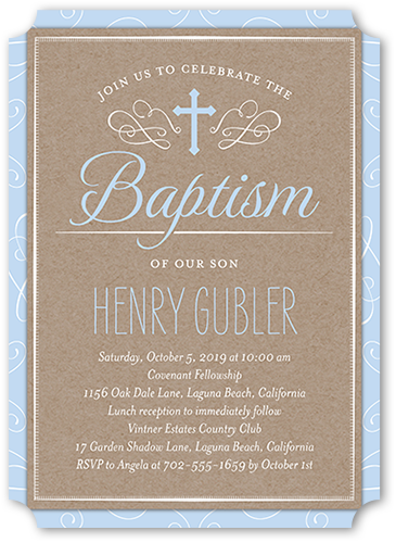 Bordered Christening Boy Baptism Invitation, Blue, Pearl Shimmer Cardstock, Ticket