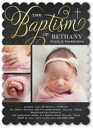 Special Christening Baptism Invitation, Grey, Pearl Shimmer Cardstock, Scallop