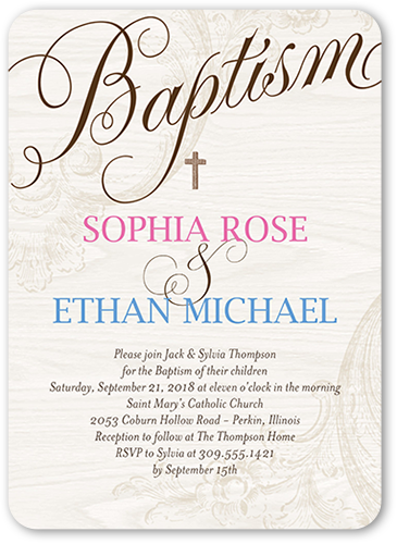 Bonded Christening Baptism Invitation, Beige, Pearl Shimmer Cardstock, Rounded, Antique White