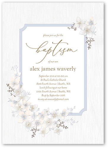 Rustic Wildflowers Boy Baptism Invitation, Grey, 5x7 Flat, Pearl Shimmer Cardstock, Square