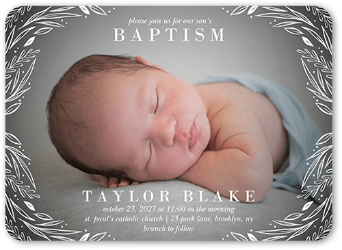 Ornate Floral Frame Baptism Invitation, White, 5x7 Flat, 100% Recycled Cardstock , Rounded, White