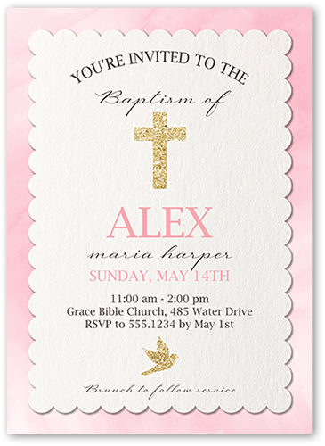 Cross and Dove Girl Baptism Invitation, Pink, 5x7 Flat, Pearl Shimmer Cardstock, Square