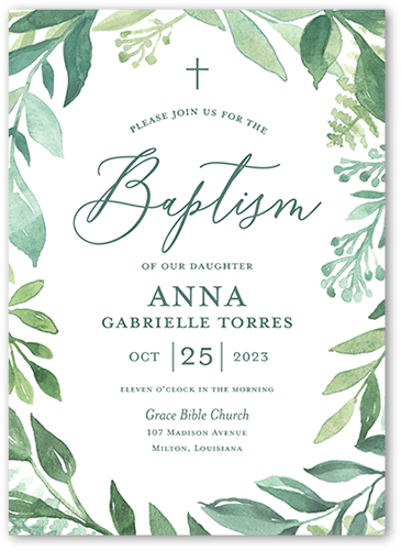 Framed by Florals Baptism Invitation, Green, 5x7, Standard Smooth Cardstock, Square