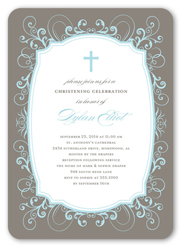 Flourished Border Boy Baptism Invitation, Brown, Pearl Shimmer Cardstock, Rounded