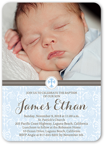 Elegant Cross Boy Baptism Invitation, Blue, Pearl Shimmer Cardstock, Rounded